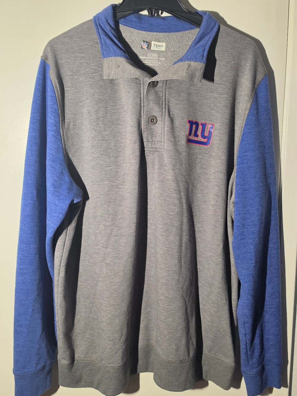NFL Men's Long-Sleeve Polo Sweatshirt - Gray with Blue Sleeves (Giants)